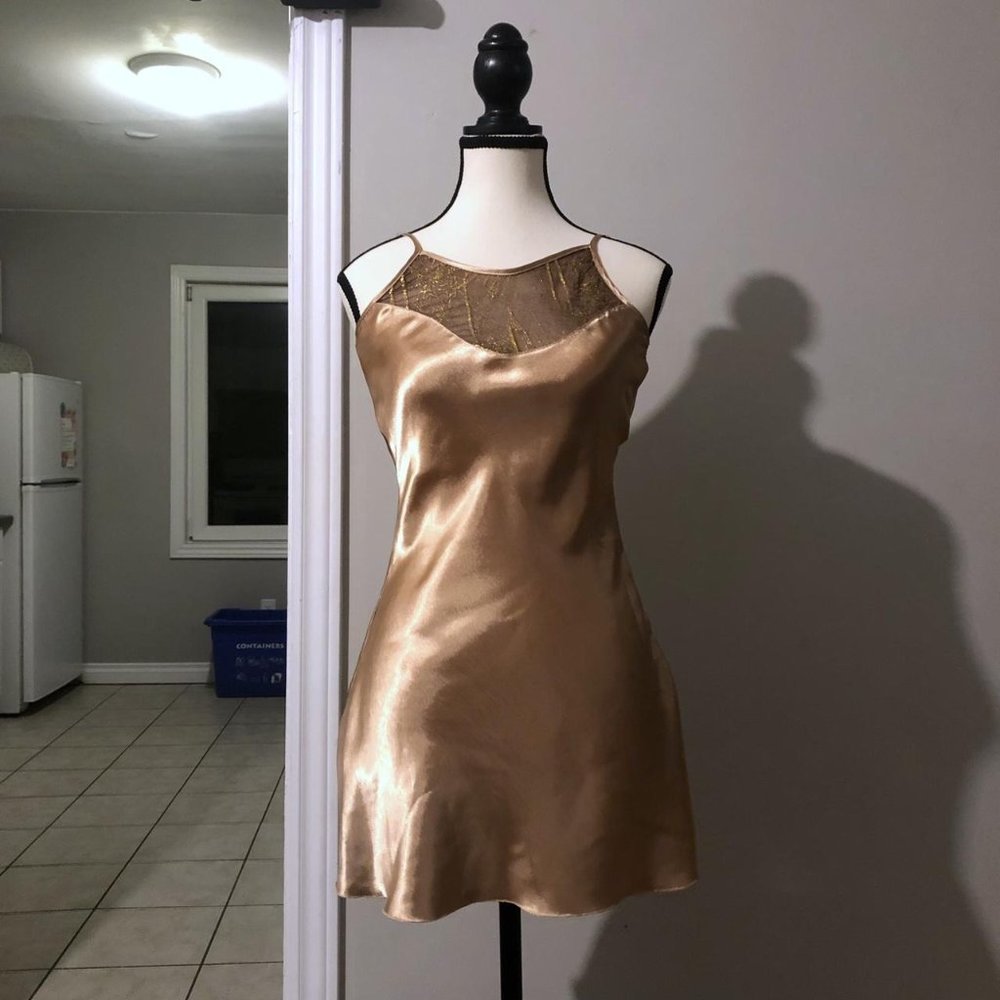 Vintage gold satin slip dress & lace robe
